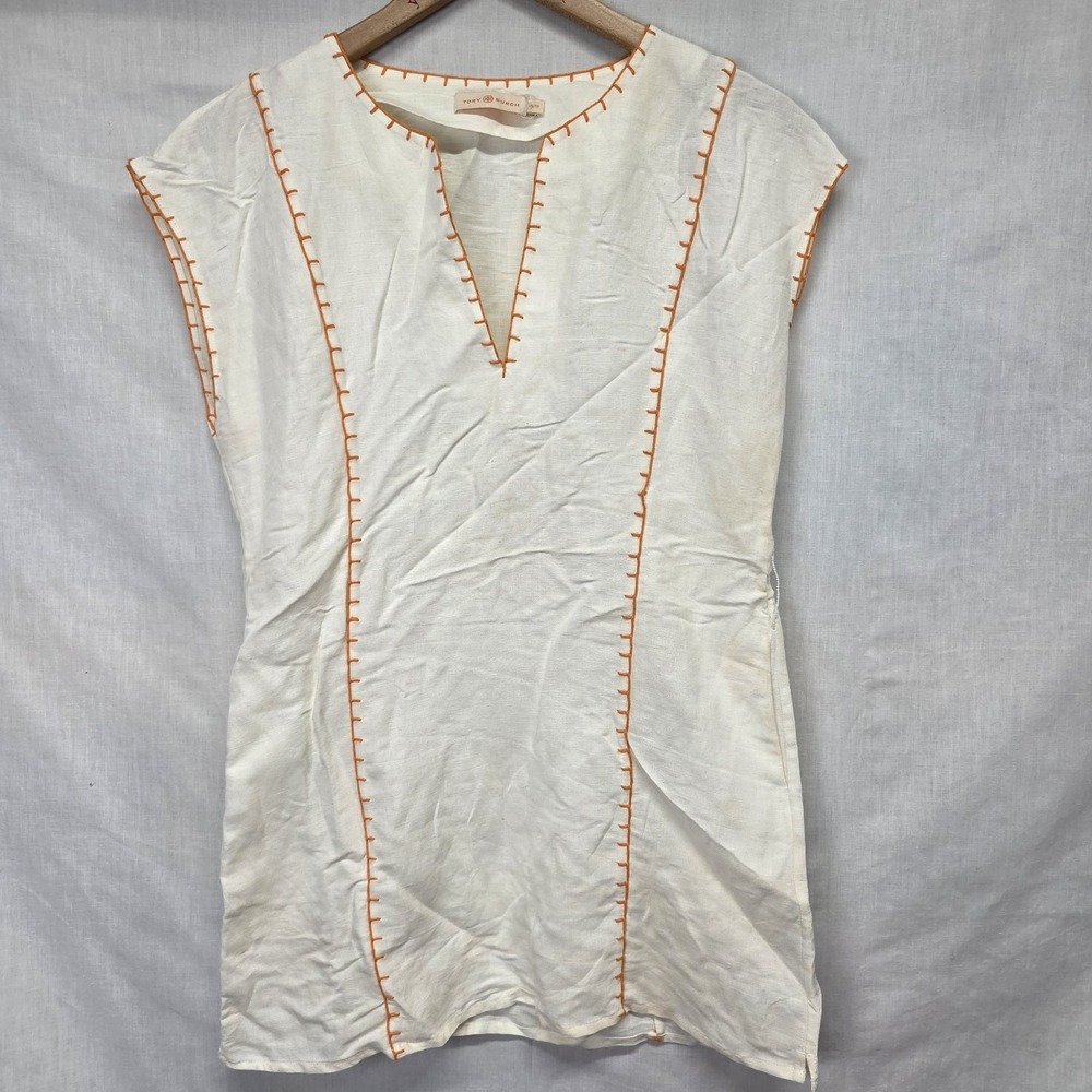 Tory Burch Tunic Dress Size XS Cream Orange Embroidered Blanket Stitch Caftan